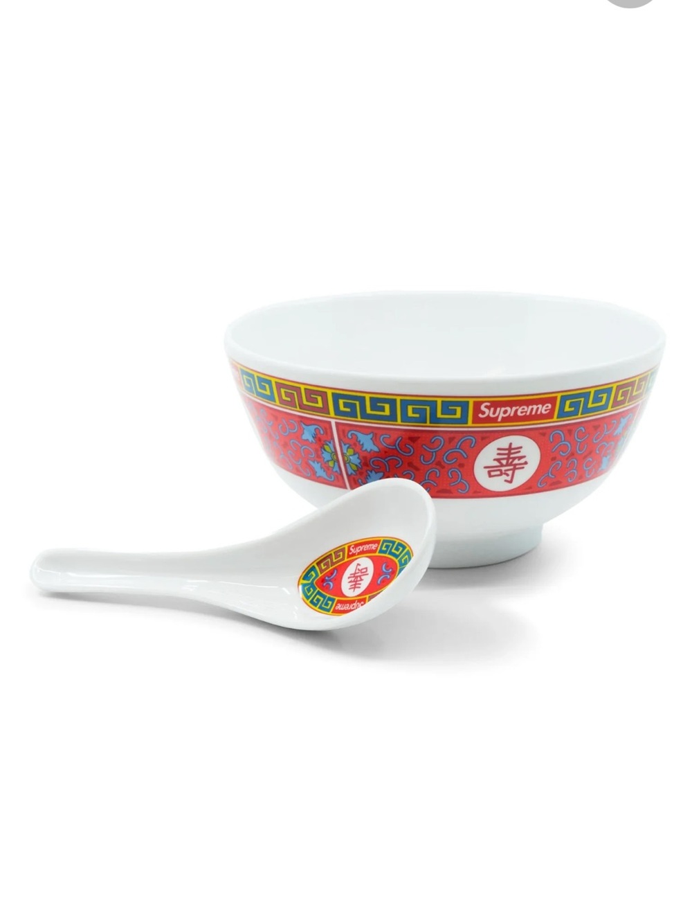 Supreme longevity Red Chinese Bowl Spoon Set & supreme sticker
